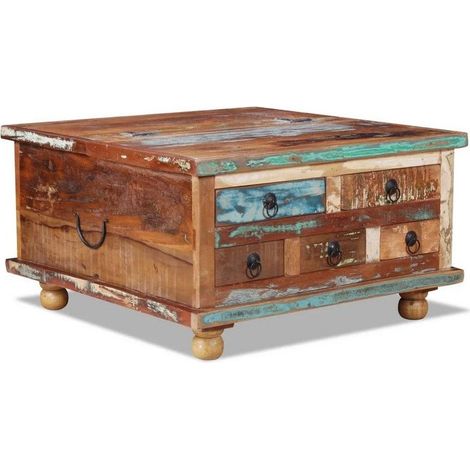 Table basse 5 tiroirs bois de récupération massif Vouli 70cm (1/5)