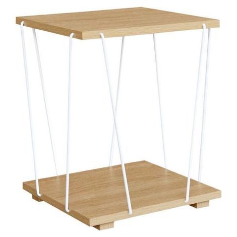 Table d'appoint - JUANIO - Modèle carré - Double plateau - Bois effet naturel - Structure métal blanc (1/4)