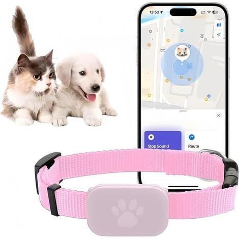 Traceur GPS pour animaux de compagnie - Traceur GPS pour chats et chiens, compatible iOS/Android, sans abonnement ni frais mensuels, rose (1/5)