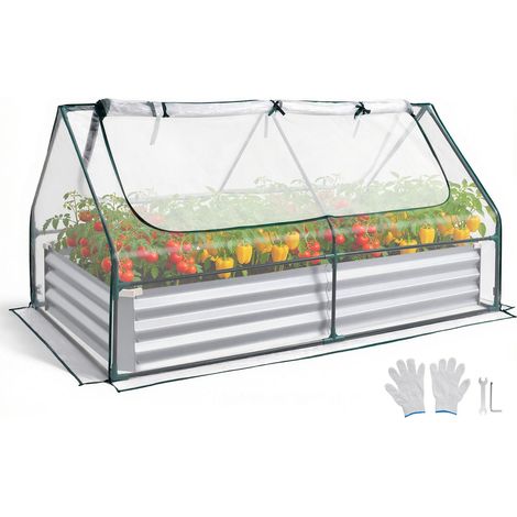 Potager Surélevé Métal avec Bâche de Serre Carré Potager Surélevé 180x90x30 cm Lit de Jardin Rectangulaire pour Culture Légumes Fleurs, Fond Ouvert, Galvanisé Aluminium-zinc, avec Gants, Argenté (1/5)