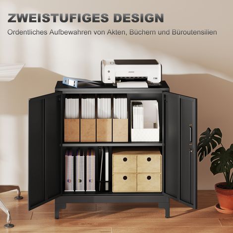 Armoire métallique de bureau noire, 2 tiroirs verrouillables, rangement sécurisé pour documents et fournitures (1/4)