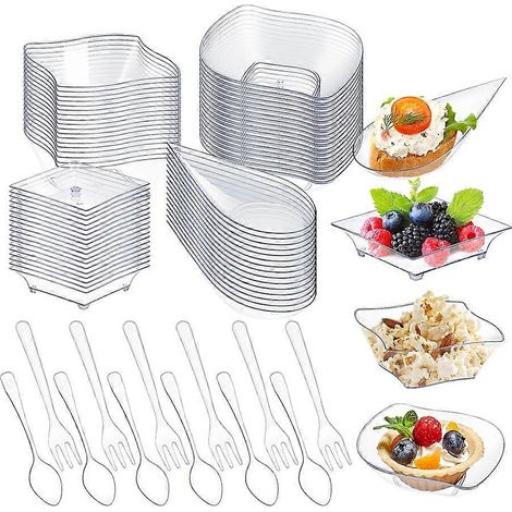 200 mini-assiettes à apéritif avec cuillères et fourchettes, assiettes à dessert jetables, bols à apéritif en plastique transparent. (1/5)