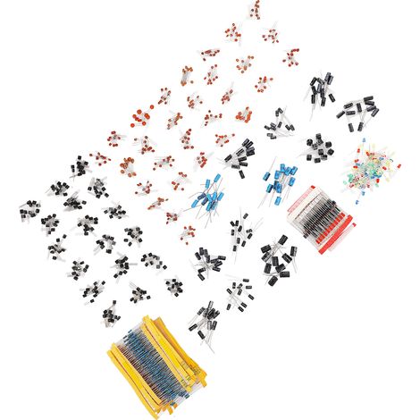 Kit de 1400 composants électroniques pour le bricolage : résistances à film métallique, condensateurs électrolytiques céramiques, transistors, diodes LED