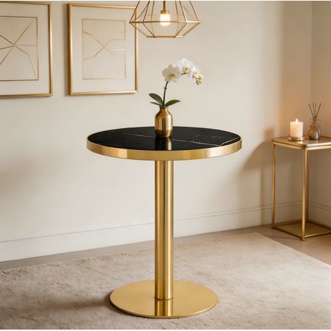 Tavolino rotondo da salotto, effetto marmo, bordo dorato, base cilindrica, MDF nero e oro (1/5)
