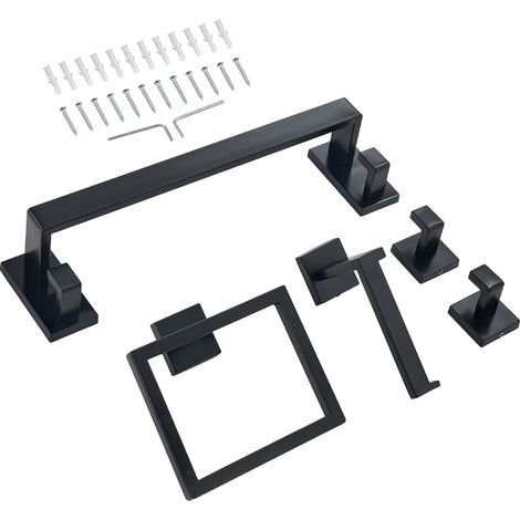 Mophorn Juego de Accesorios de Baño, Acero Inoxidable, con Toallero, Toallero Cuadrado, 2 Ganchos y Portarrollos de Papel Higiénico, Instalación en Pared, Negro Mate, 400 x 100 x 78 mm, 5 piezas (1/5)