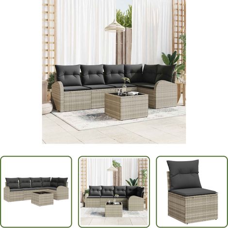 Poly-Rattan - Gartensofa-set mit Kissen 6 pcs Hellgrau Poly-Rattan (1/5)