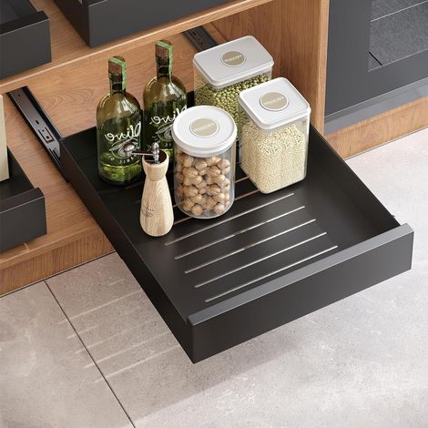 Tiroir Coulissant Cuisine, Placard de Cuisine Organiseurs Extensible avec nanofilm adhésif, tiroir coulissant extensible, résistant, pas besoin de percer ni de clouer - Noir 35 x 43 x 9 cm (1/5)