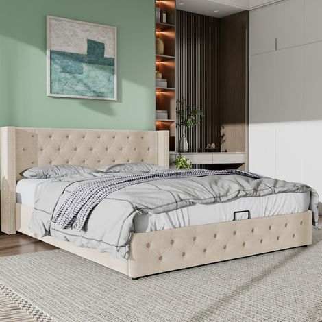 Lit coffre 140x190 Chesterfield velours beige hydraulique HAVRYA (1/5)