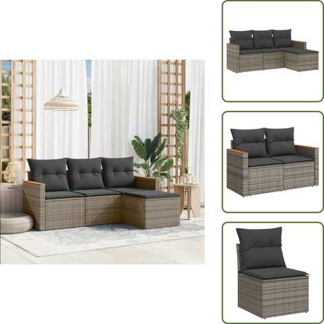 Salon de jardin 4 pcs avec coussins gris résine tressée - Salon De Jardin - Mobilier Extérieur - Canapé D'extérieur - Set Salon De Jardin - Résine Tressée