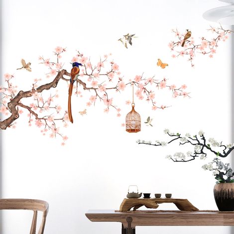 Stickers muraux branches de cerisier en fleurs roses, oiseaux, décoration murale pour chambre à coucher, salon, TV