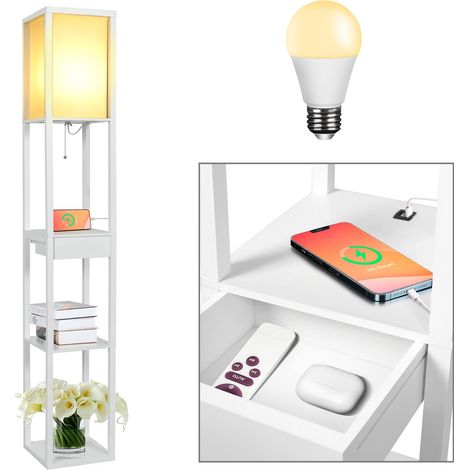 Lampadaire Étagère USB, Lampe sur Pied en Bois avec Tiroir, Blanc 3 Étagères, 2 Ports de Charge USB, 1 Tiroir de Rangement, Ampoule Incluse, Éclairage Intérieur de Salon Chambre Bureau (1/5)