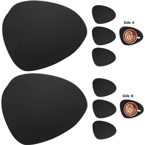 Tischsets und Untersetzer aus Leder, doppelseitige, wasserdichte Tischsets und Untersetzer für Küche und Café, rutschfeste und abwaschbare Tischsets und Untersetzer (rund und dreieckig, schwarz).