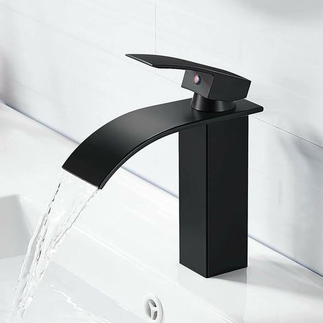 Mitigeur de lavabo--Robinet de Salle de Bain Robinet Cascade Mono-trou Mitigeur sur Lavabo Robinetterie Lave-mains avec Levier Unique -noir (1/5)