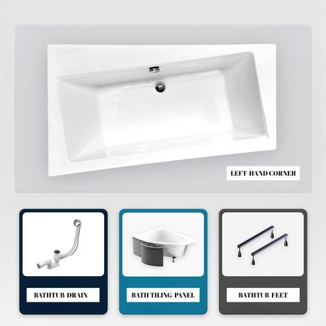 Asymmetrische Badewanne - 150 x 90 cm - Rechts - mit Verkleidung - mit Füßen - Ablaufgarnitur Chrom - INFINITY