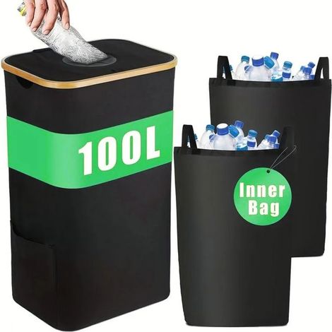 Conteneur 100 L pour bouteilles consignées avec couvercle, 2 sacs intérieurs réutilisables inclus, pour cuisine, bureau ou extérieur, grand bac de rangement pour bouteilles vides (1/5)
