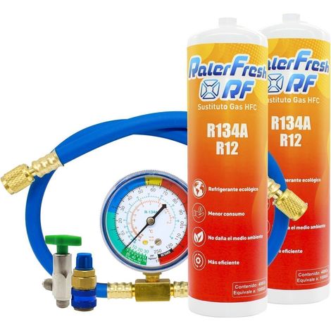 2 botellas Gas Refrigerante Ralerfresh RF, sustituto del R12 y R134A mas manometro con manguera y conector