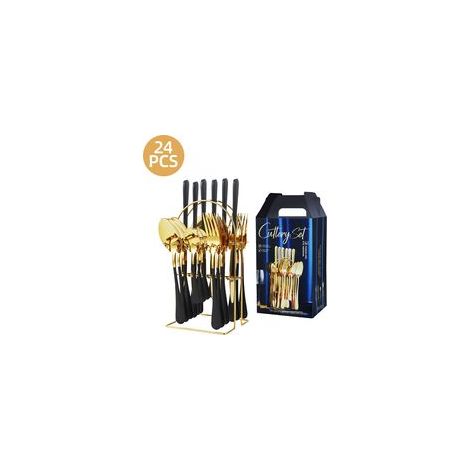 Ménagère 24 pièces en acier inoxydable avec support, finition miroir, pour 6 personnes, compatible lave-vaisselle, noir et or (1/5)