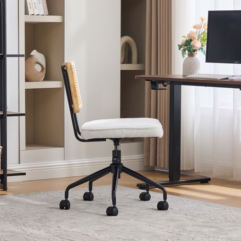 Chaise de bureau vintage en rotin avec roulettes, assise en tissu Chenille ivoire, cadre en bois (1/5)