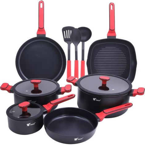 Set di pentole da 12 pezzi Padelle, casseruole, griglia, coperchi e utensili Antiaderente Compatibile con piani cottura a