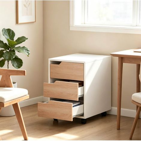 Cassettiera mobile su ruote, MDF bianco e rovere OKMYHOME (1/5)