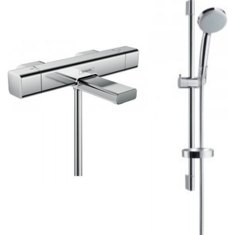 Hansgrohe Mitigeur thermostatique bain Ecostat e avec barre et douchette 4 jets Vario chrome (1/5)