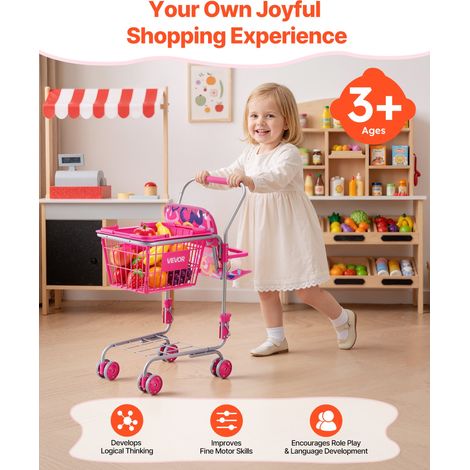 Chariot de Courses pour Enfants, Cadre en Métal, Chariot de Supermarché Jouet Pliable avec Poupée, Siège pour Poupée, Jeu d'Imitati… (1/5)