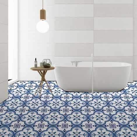 Lot de 24 dalles de sol autocollantes en vinyle pour salle de bain et cuisine, crédence, bleu et blanc, 20,3 cm