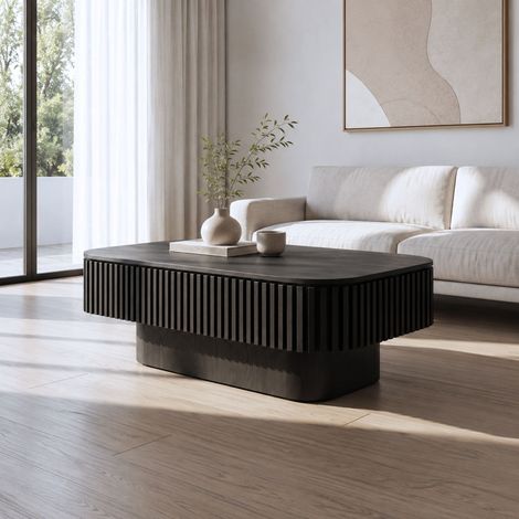 Mesa de centro rectangular estriada de 98 cm con almacenamiento oculto, mesa de cóctel moderna chapada en madera maciza, fácil montaje en 5 minutos, mesa auxiliar para sala de estar, dormitorio, apart (1/5)
