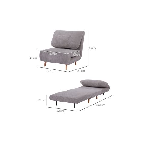 Canapé-lit 2-en-1 gris clair aspect velours côtelé, fauteuil convertible avec matelas pliable réglable pour chambre et salon (1/5)