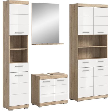 Lambada Badmöbelset L11 Weiß hochglanz, Eiche Dekor.