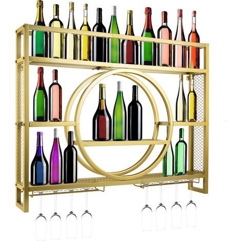 100cm 3 Niveaux Casier À Vin Mural Porte Bouteille Mural Acier Carbone Charge 50kg avec Garde-corps et Moderne Porte-Verres Porte Bouteille en MéTal Pour Bar Maison Cuisine Et Salon 100x80x15cm (1/5)