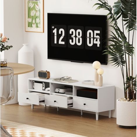 Mueble TV 140x34x45 cm blanco de madera con 3 cajones y gestión de cables (1/5)