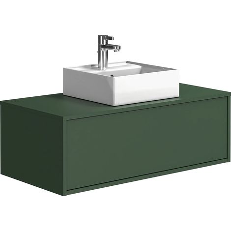 Meuble de salle de bain suspendu vert mat avec simple vasque carrée - 94 cm - TEANA II (1/5)