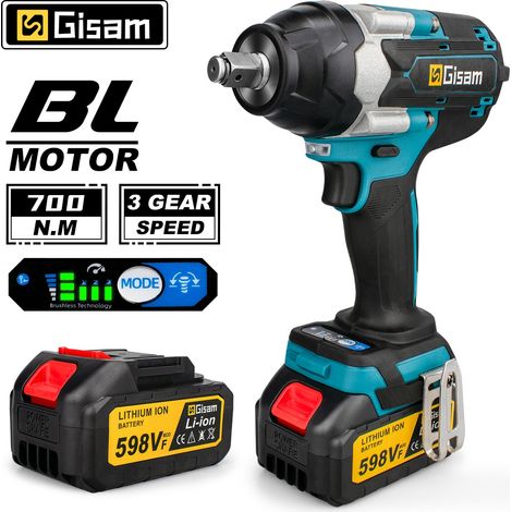 Gisam – Clé à chocs sans fil 700Nm 1/2 pouce – 3 vitesses – 2 batteries 3Ah – Moteur sans balais – Couple élevé pour travaux intensifs (1/5)