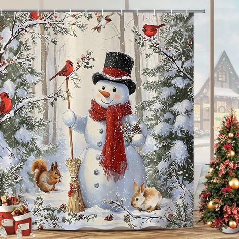 Rideau de Douche Noël 180x200 cm, Hiver Bonhomme de Neige Arbre de Noël Oiseau Rouge Rustique Xmas Décor Imperméable Bain Rideau Textile Lavable Rideaux Douche pour Baignoire avec 12 Crochets (1/5)