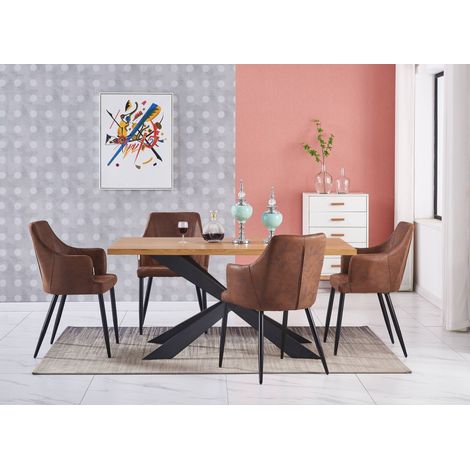 Duke LUX Zarah Dining Set - un tavolo da pranzo in legno di quercia e un set di 4 sedie da pranzo in pelle marrone - Sala da pranzo Cucina