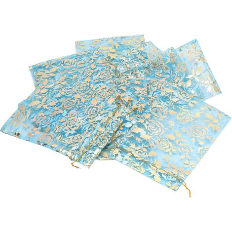 Lot de 200 sacs en filet d'organza à cordon de serrage imprimés de roses, 6,3 x 4,3 pouces, convenant comme sacs cadeaux, sacs à bijoux ou sacs en filet bleus. (1/5)
