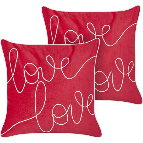 Conjunto de 2 cojines almohada decorativa de terciopelo bordada a mano con escritura cuadrado 45 x 45 cm rojo Siderasis