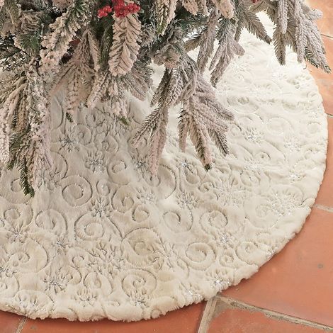 Gonna per albero di Natale da 52 pollici - Gonna bianca con fiocchi di neve di paillettes argentate - Gonna grande in pelliccia sintetica - Natale - 52 pollici (1/4)