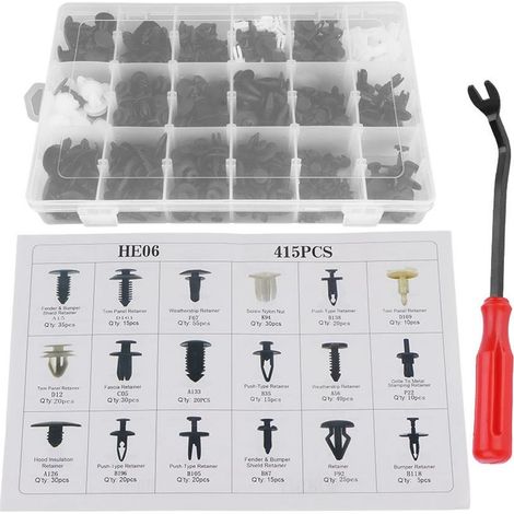 Assortiment de rivets automobiles (415 pièces) - 18 tailles - Jeu de clips et chevilles pour panneaux, pare-chocs et portes avec outil (1/5)
