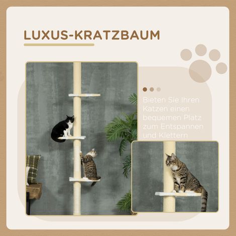 Arbre à chat réglable en hauteur, poteaux en corde de sisal antidérapants, 220-260H x 47L x 34W cm, Jaune/Blanc/Bleu (1/5)