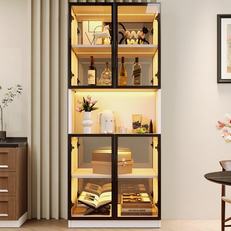 Vetrina da soggiorno 70 x 30 x 170 cm con illuminazione led, schienale a specchio, ante in vetro grigio esg, cerniere silenziose - mobile espositore stile moderno - mdf - bianco (1/5)