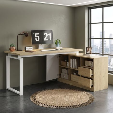 152113,576, bureau en L, bureau de travail, avec 2 tiroirs, 3 étagères ouvertes, 1 placard fermé, étagères réglables, couleur bois naturel + blanc. (1/5)