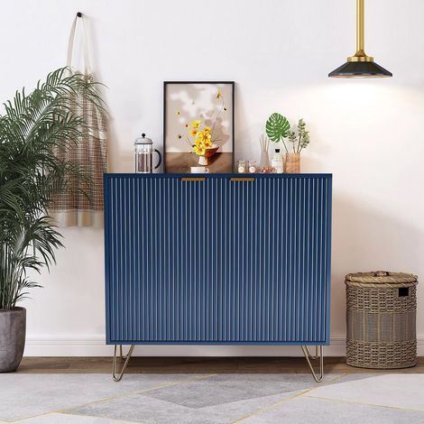Credenza da 80 cm, mobile contenitore a 2 ante con strisce verticali, spazio di archiviazione - gambe dorate, adatta per sala da pranzo, camera da letto, soggiorno - Blu navy