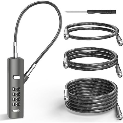 Candado de combinación de 4 dígitos con cable y 3 cables de acero (23 cm/61 cm/119 cm), Equipaje, Portón, Cobertizo, Gris plomo, 1 unidad (1/4)