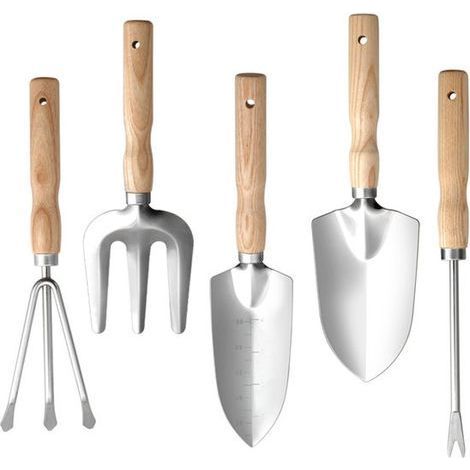 Five-piece gardening tool set - made of rust-resistant stainless steel - with non-slip wooden handles - includes: small shovel, trowel, fork, tiller, and weeder - lightweight and portable. (1/4)