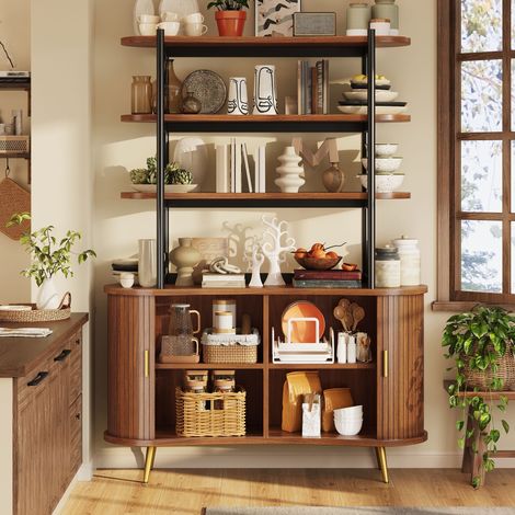 Credenza con ante a rullo e ripiano superiore, ripiano aperto a 4 livelli, mobile da cucina moderno con pannelli a coste verticali, gambe in metallo dorato, mobile contenitore per sala da pranzo e sog (1/5)