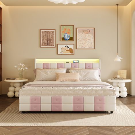 Lit à tiroirs 140x190 cm avec bande LED, ports USB, 4 tiroirs, velours blanc et rose