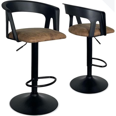 Ensemble de 2 tabourets de bar de cuisine, hauteur réglable, pivotants à 360°, repose-pieds et assise, dossier et accoudoirs rembourrés en similicuir AYO (noir et marron) (1/5)