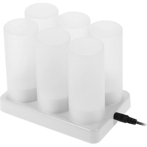 Lot de 4 bougies LED rechargeables sans flamme à effet vacillant, avec coupelles givrées, base de chargement et lumière jaune. Alimentation : 100-240 V CA (piles incluses). (1/5)